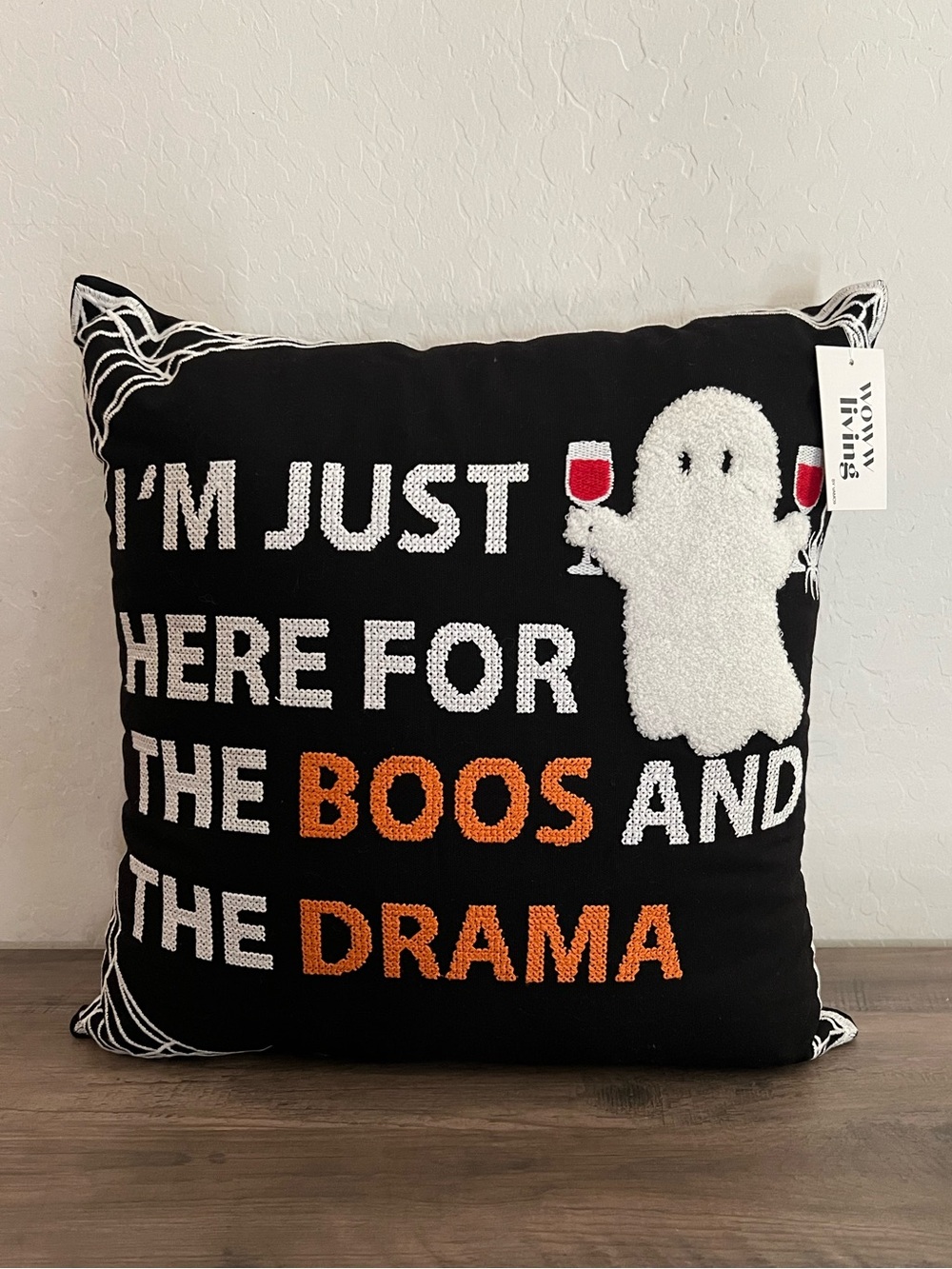 Halloween Black Ghost Accent Pillow - 'I'm Just Here for the Boos and the Drama'